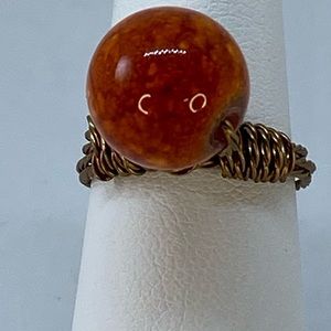 Handmade Orange Bead Ring  Antique Brass Tone Wire